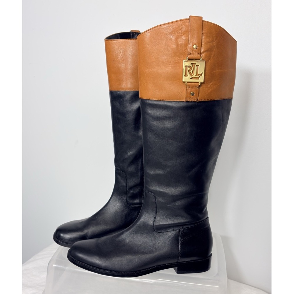 Ralph Lauren Jaden Womens Tall Leather Riding Boots Black Brown sz 8B Gold Logo